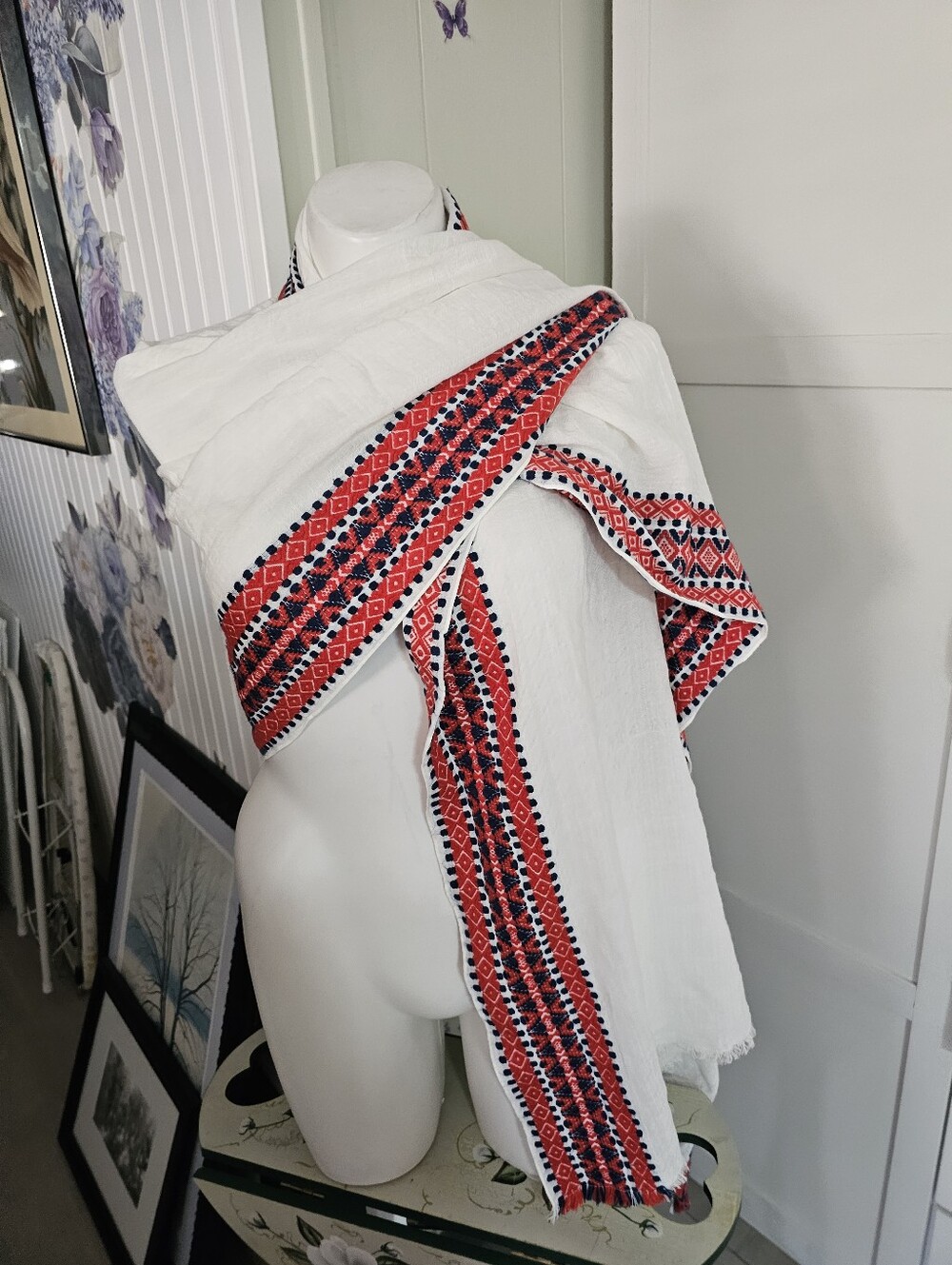 J.Crew Embroidered Shawl Scarf Red Black Geometric Cotton Blend India Wrap Overs